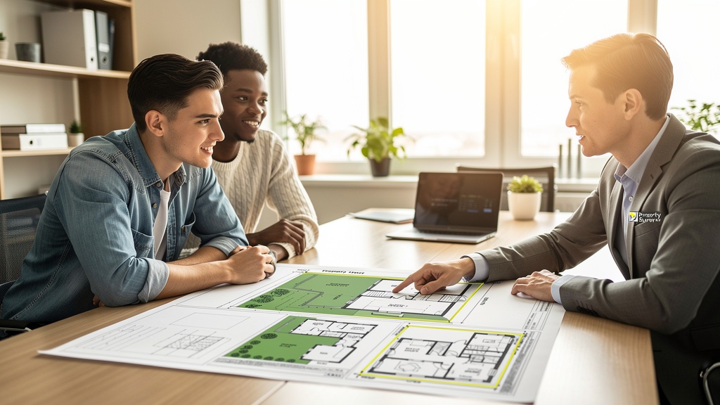 Couple meeting with a surveyor to discuss residential valuation report