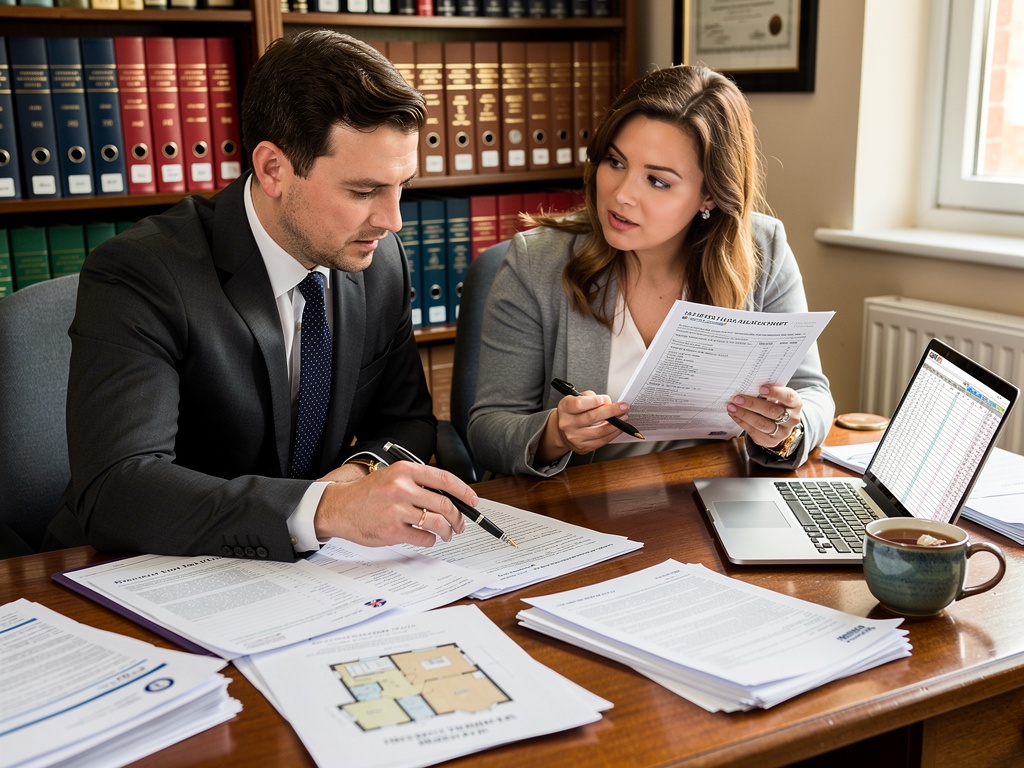 Professional conveyancer and property buyer reviewing survey and conveyancing documents in a UK solicitor office
