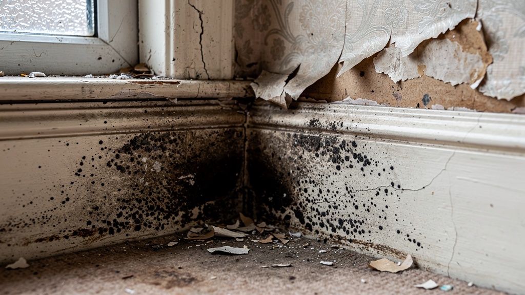 Rising damp and black mould on the corner wall of a British house