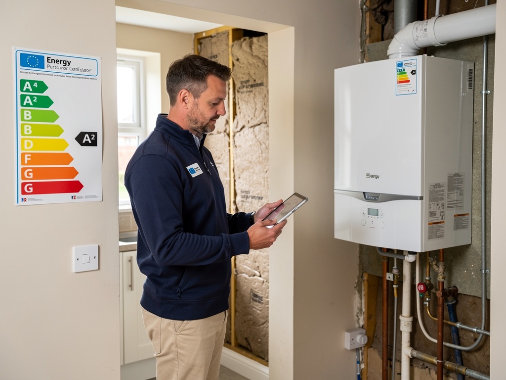 Surveyor conducting an EPC energy performance certificate assessment in a British home with digital tablet