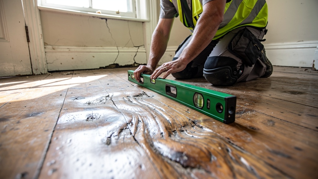Surveyor checking floor level in a British property with a spirit level tool