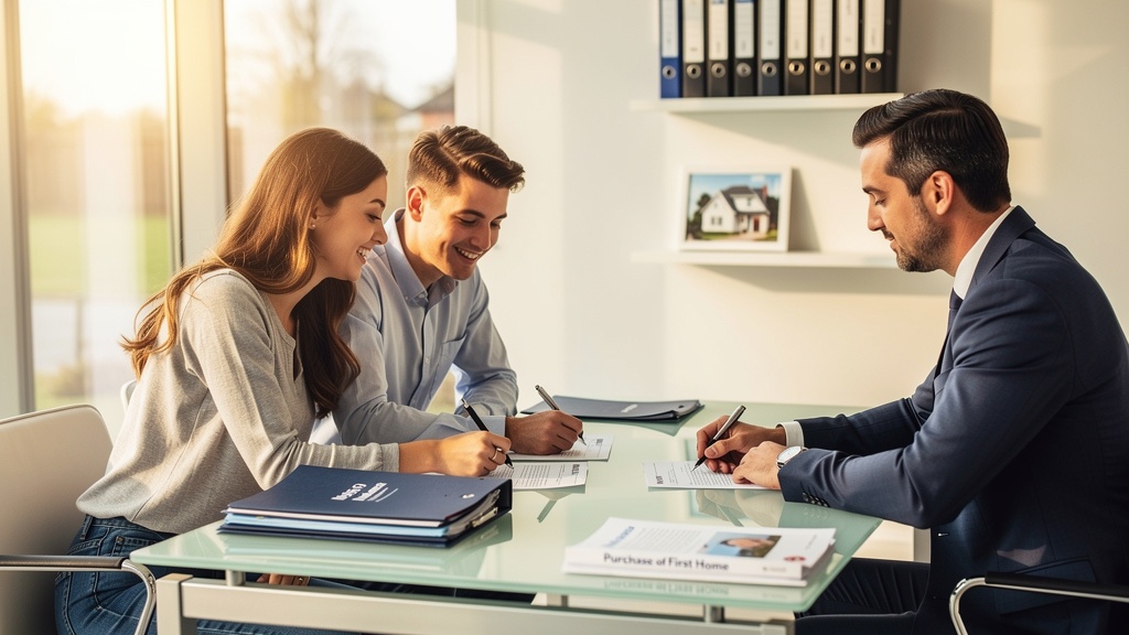Young couple signing documents for a Help to Buy property purchase