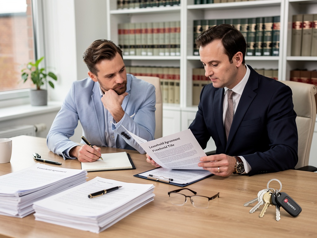 Property lawyer and client reviewing leasehold and freehold documents at a British solicitor office