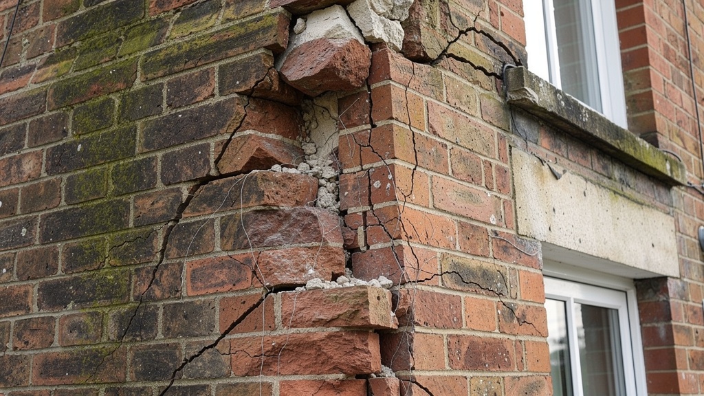 Structural cracks on a brick wall indicating subsidence