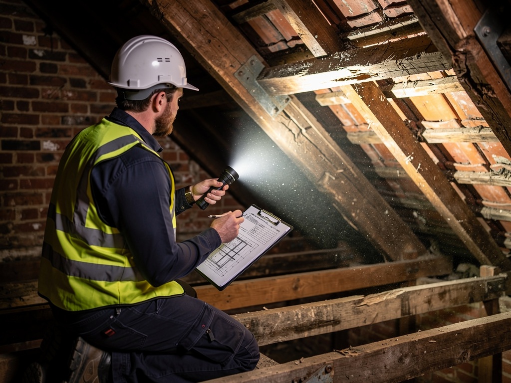 Chartered surveyor inspecting roof timbers in the loft of an old British property