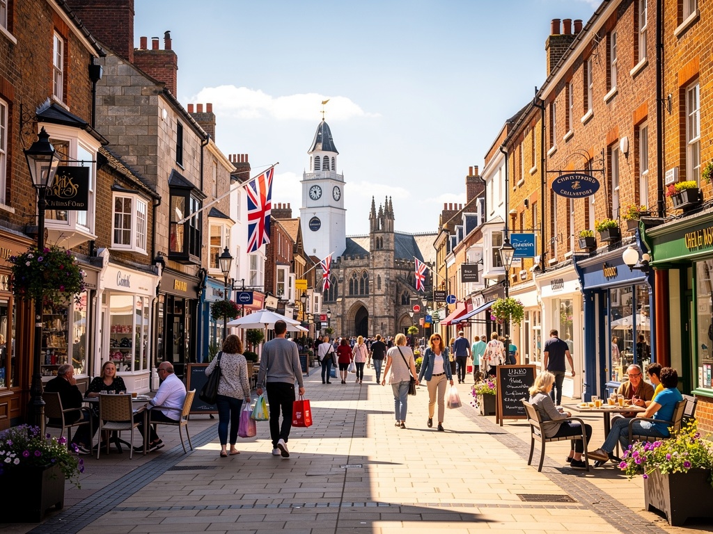 Chelmsford city centre high street with traditional architecture and shoppers