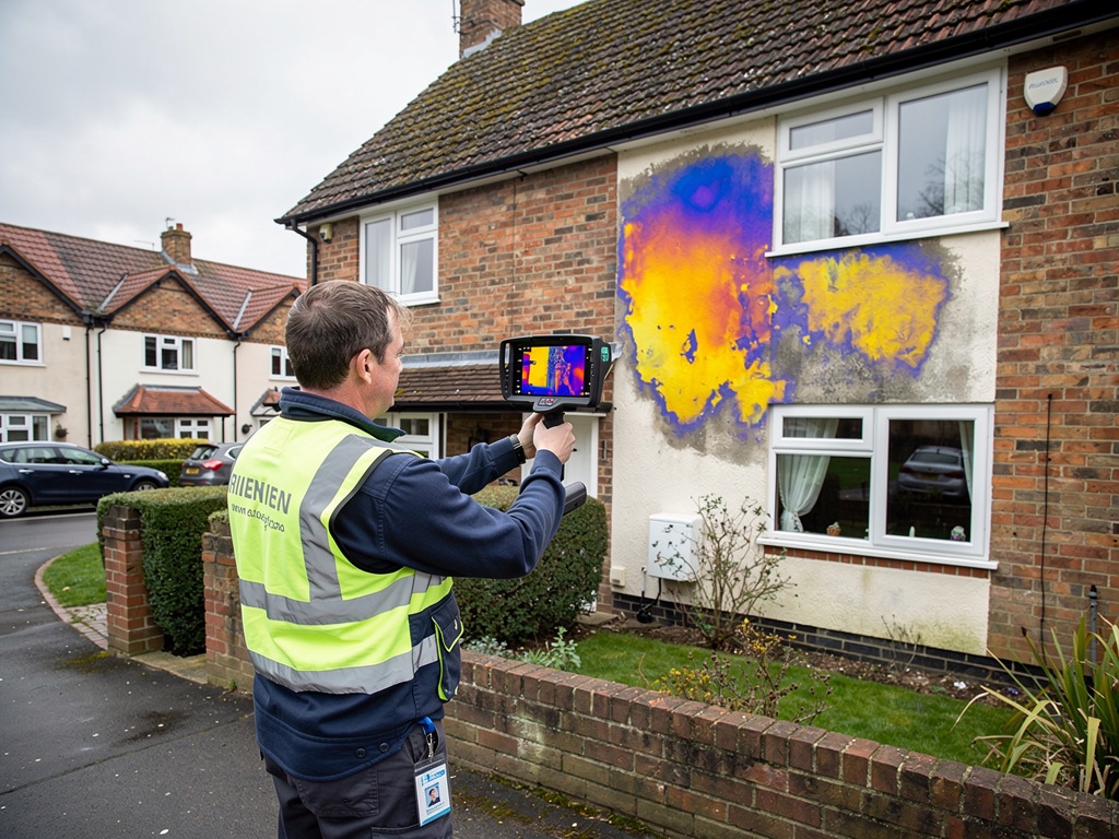 Building surveyor using a thermal imaging camera to detect damp and insulation issues